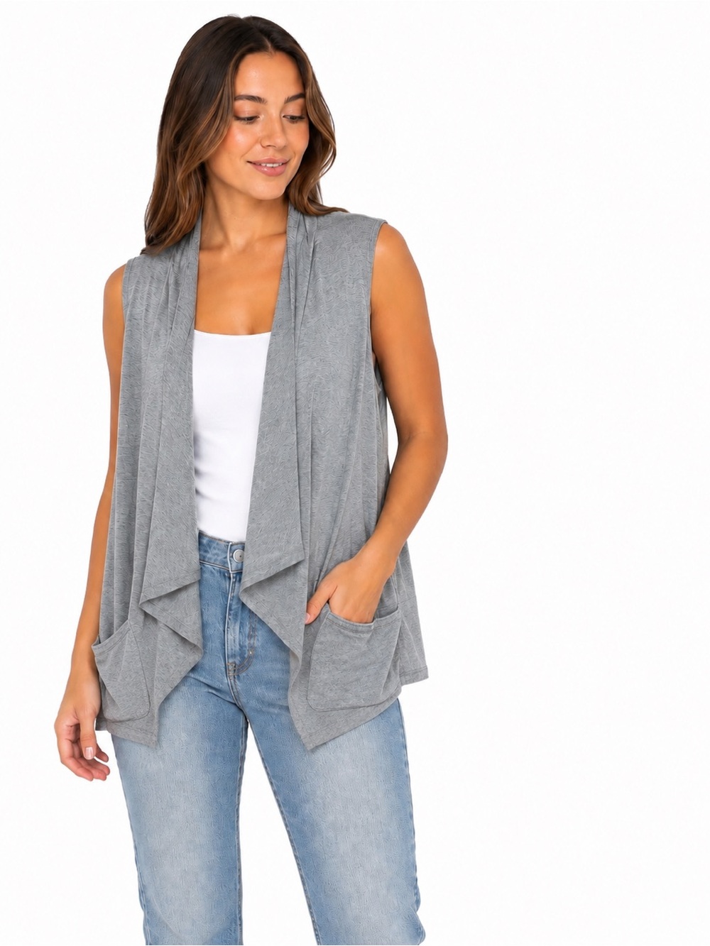 Joan Vass Gray Draped Hooded Vest with Pockets | One Size